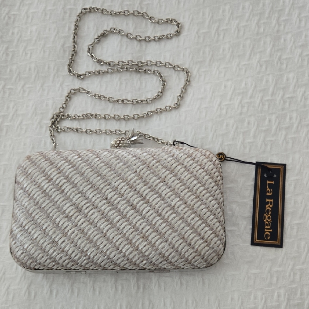 La Regale Silver and White Clutch with Chain Strap